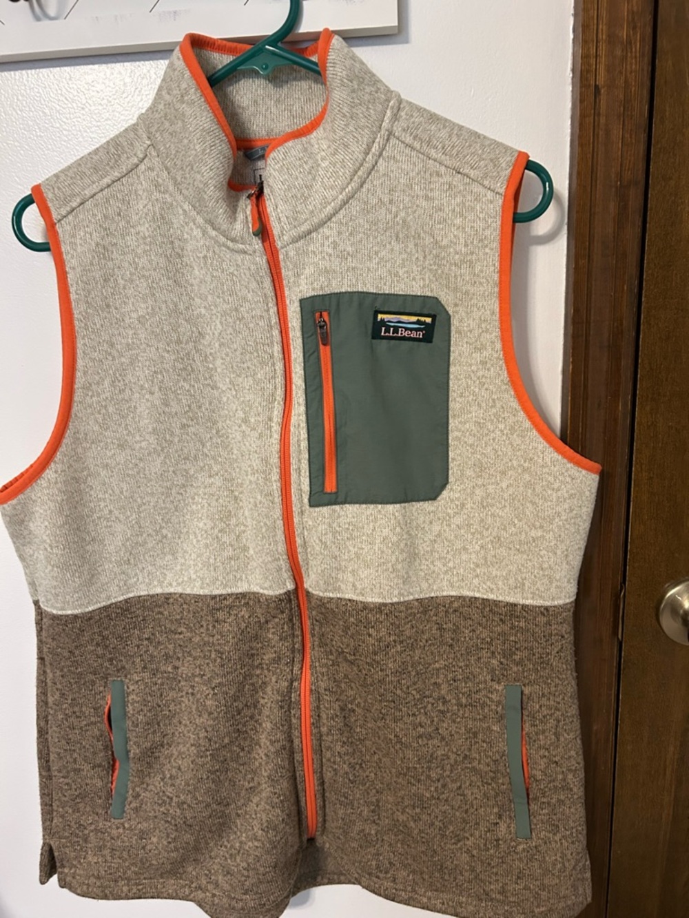 L.L. Bean Two-Tone Neutral Fleece Vest with Orange Trim